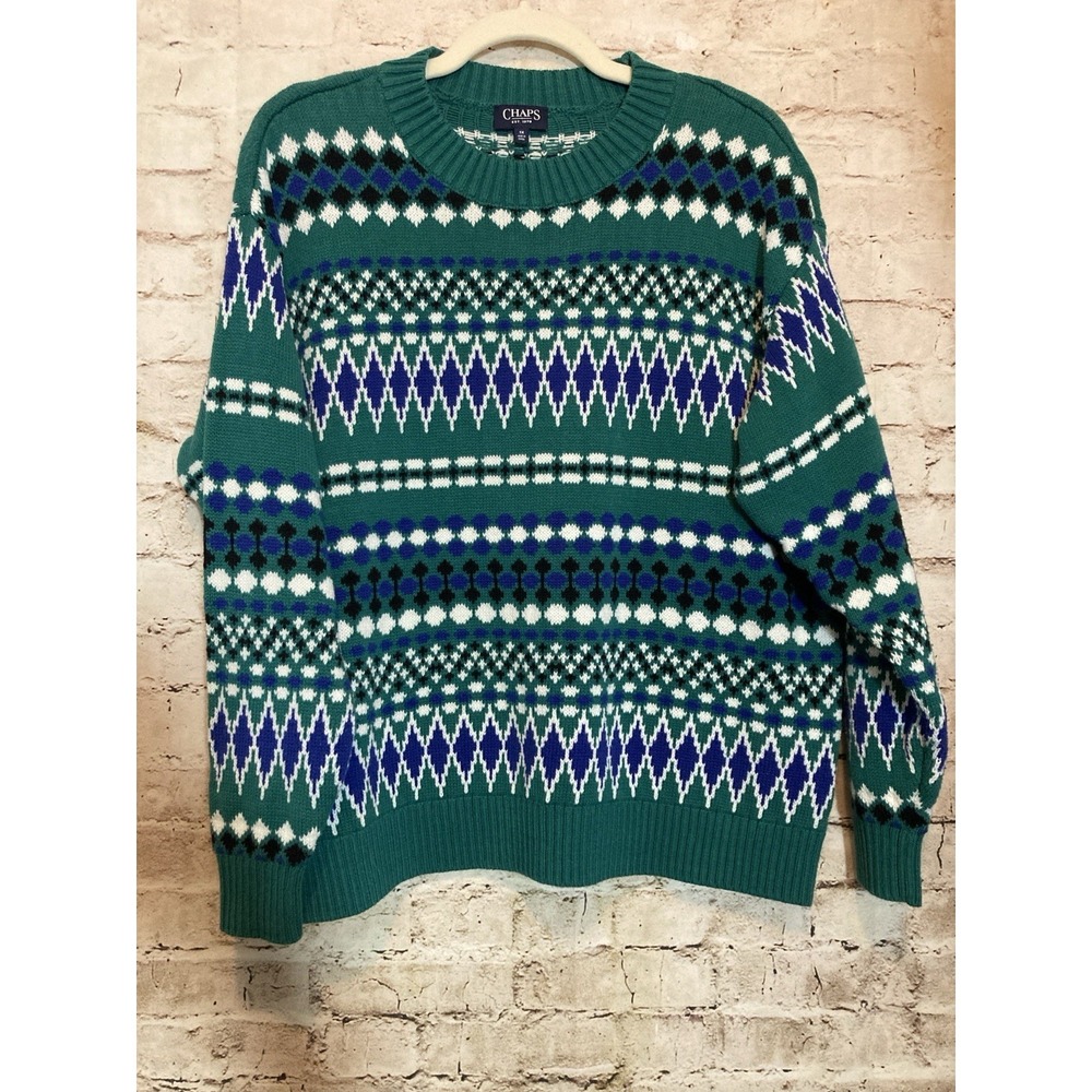CHAPS Pullover Sweater 1X Kelly Green Fair Isle Colorful Plus Size Cotton Blend
